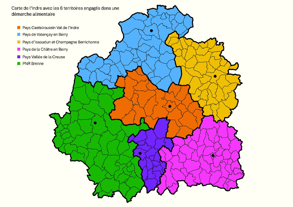 Carte du département et des 6 territoires engagés dans une démarche alimentaire